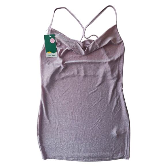 HALARA M Dress Bodycon Mini Glitter Pink Low Back Spaghetti Straps Stretch NEW - Picture 6 of 9